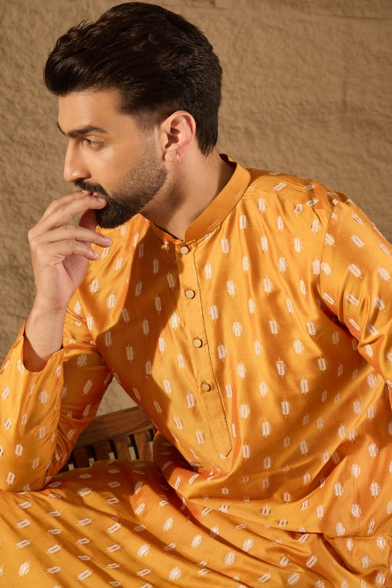 Yellow Silk Blend Ikat Printed Straight Kurta MKU1298