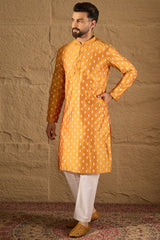 Yellow Silk Ikkat Printed Straight Kurta MKU1298
