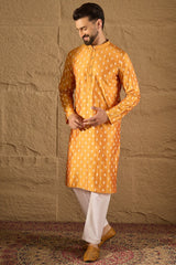 Yellow Silk Ikkat Printed Straight Kurta MKU1298