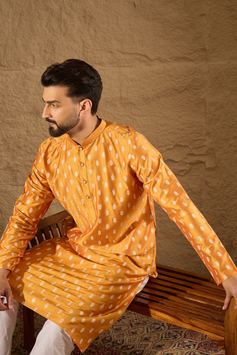 Yellow Silk Blend Ikat Printed Straight Kurta MKU1298