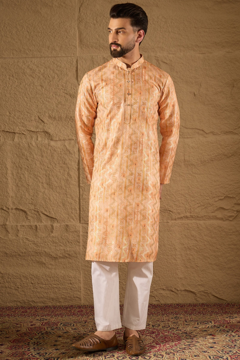 Orange Silk Blend Ethnic Motifs Embroidered Straight Kurta MKU1301