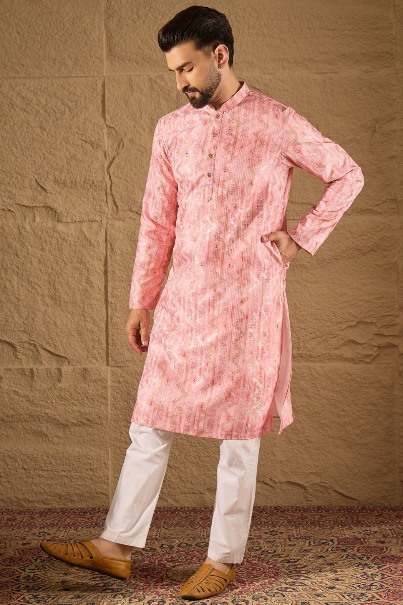 Pink Silk Blend Ethnic Motifs Embroidered Straight Kurta MKU1303