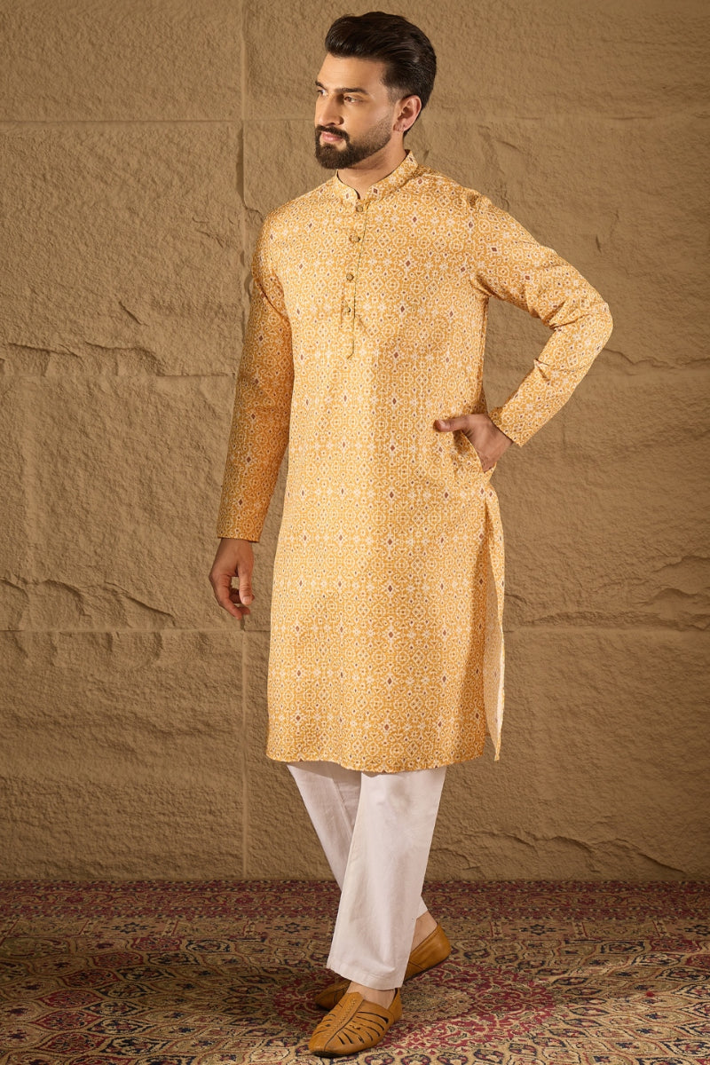 Yellow Silk Blend Ethnic Motifs Embroidered Straight Kurta MKU1304