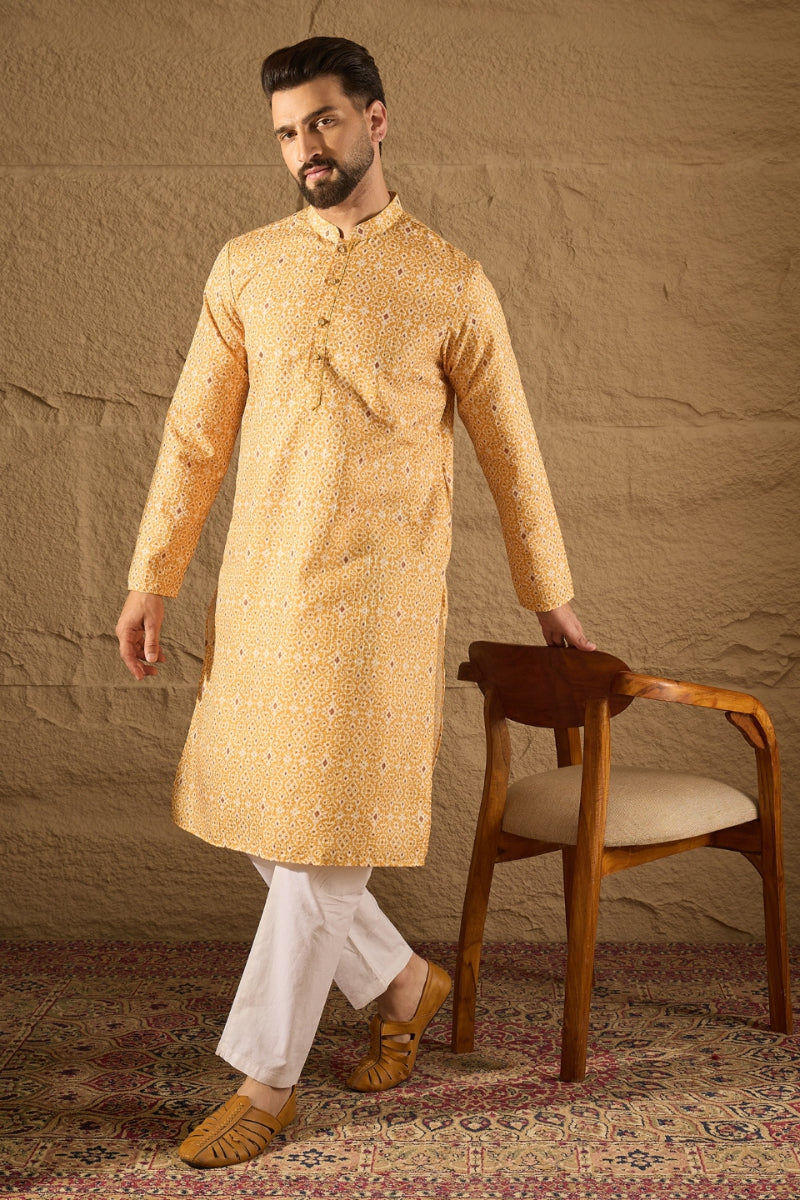 Yellow Silk Blend Ethnic Motifs Embroidered Straight Kurta MKU1304
