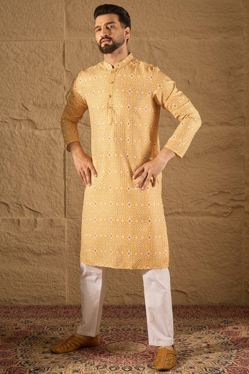 Yellow Silk Blend Ethnic Motifs Embroidered Straight Kurta MKU1304
