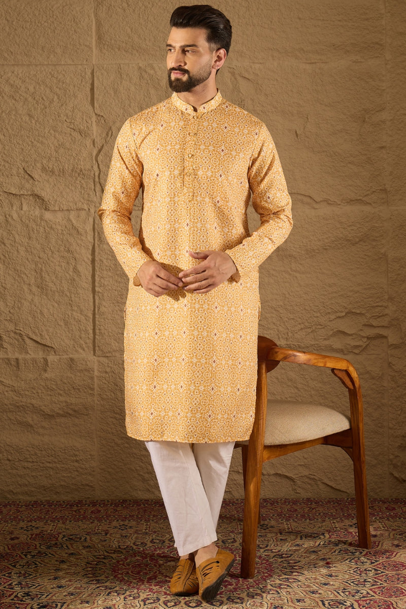Yellow Silk Blend Ethnic Motifs Embroidered Straight Kurta MKU1304