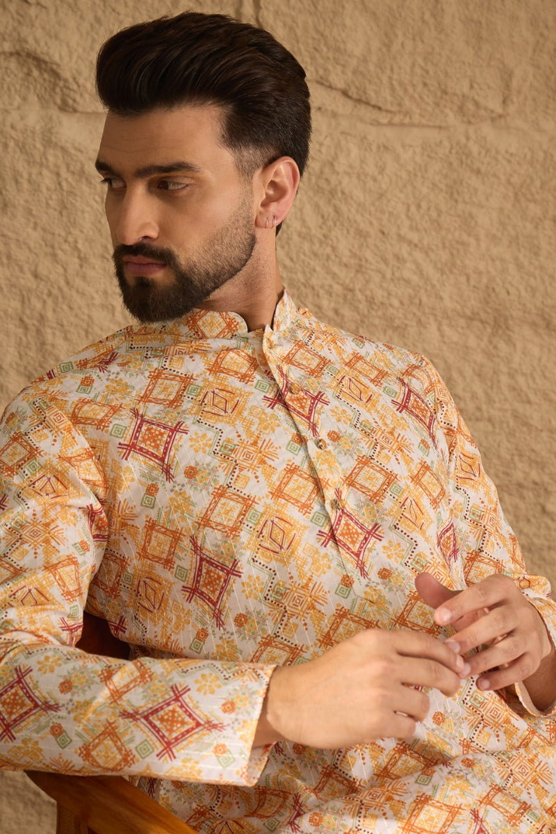White Silk Blend Geometric Embroidered Straight Kurta HOPMKU1310 | Des