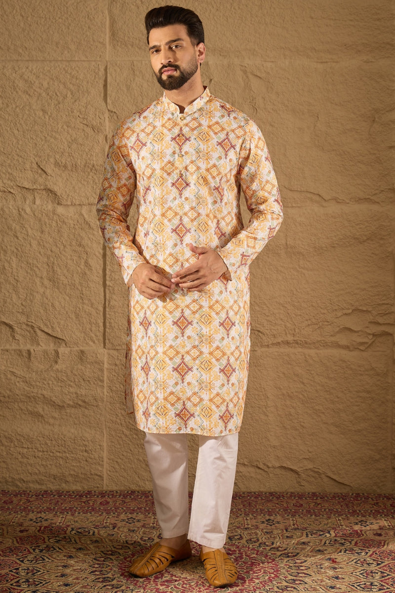 White Silk Blend Geometric Embroidered Straight Kurta HOPMKU1310 | Des