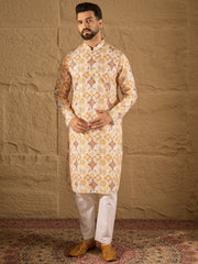 Ethnic Bay Men White Silk Blend Geometric Embroidered Straight Kurta-MKU1310