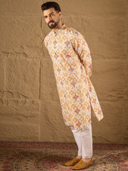 Ethnic Bay Men White Silk Blend Geometric Embroidered Straight Kurta-MKU1310