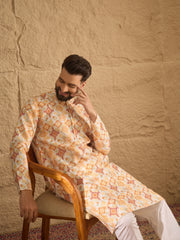 Ethnic Bay Men White Silk Blend Geometric Embroidered Straight Kurta-MKU1310