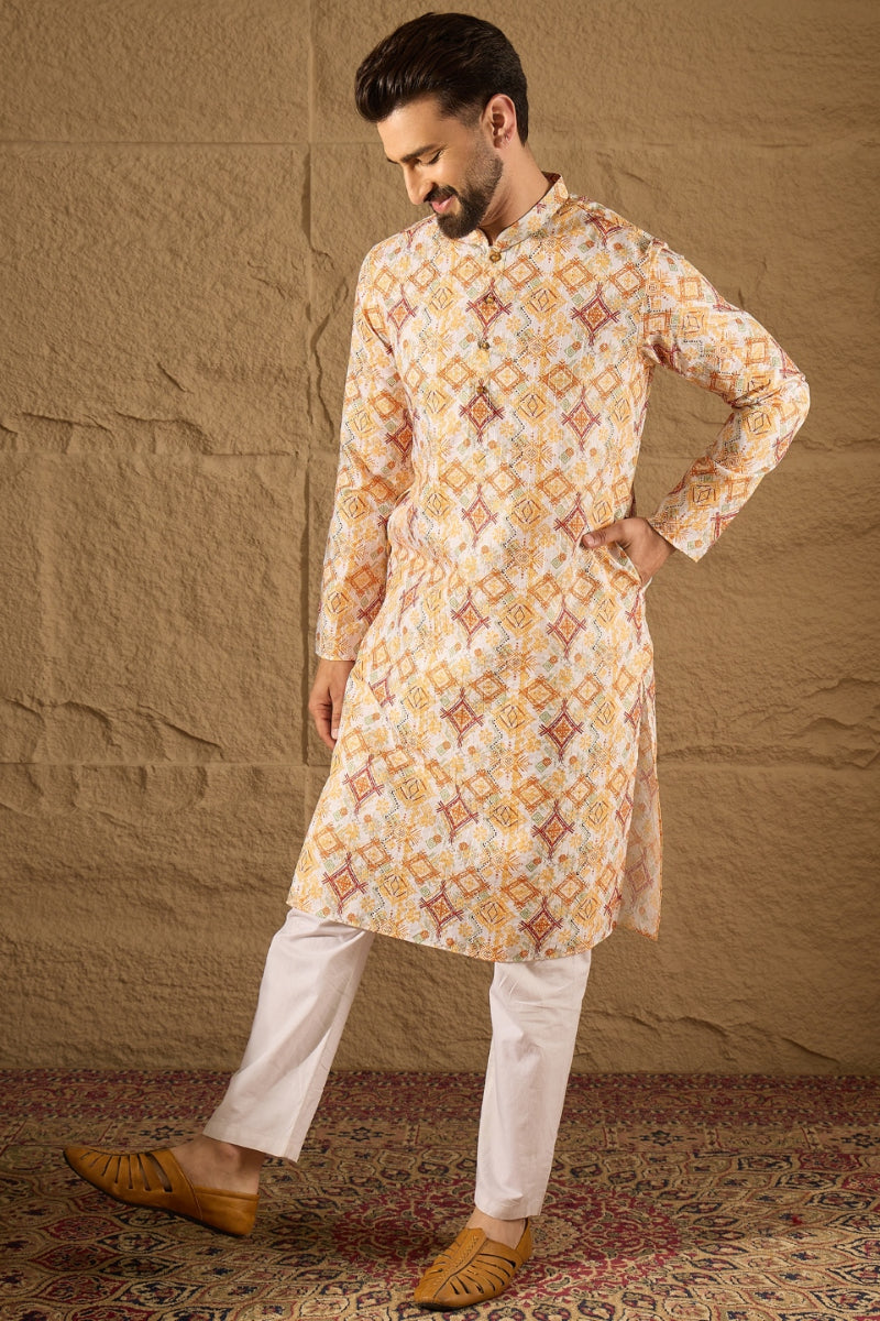 White Silk Blend Geometric Embroidered Straight Kurta HOPMKU1310 | Des