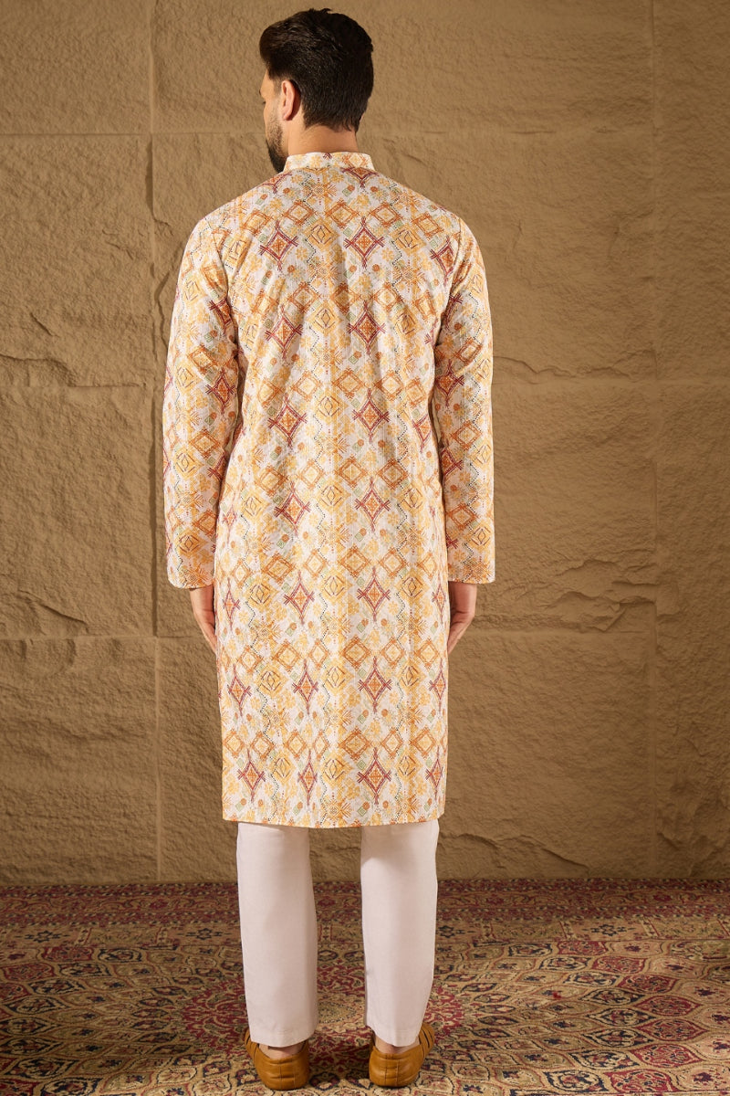 White Silk Blend Geometric Embroidered Straight Kurta HOPMKU1310 | Des