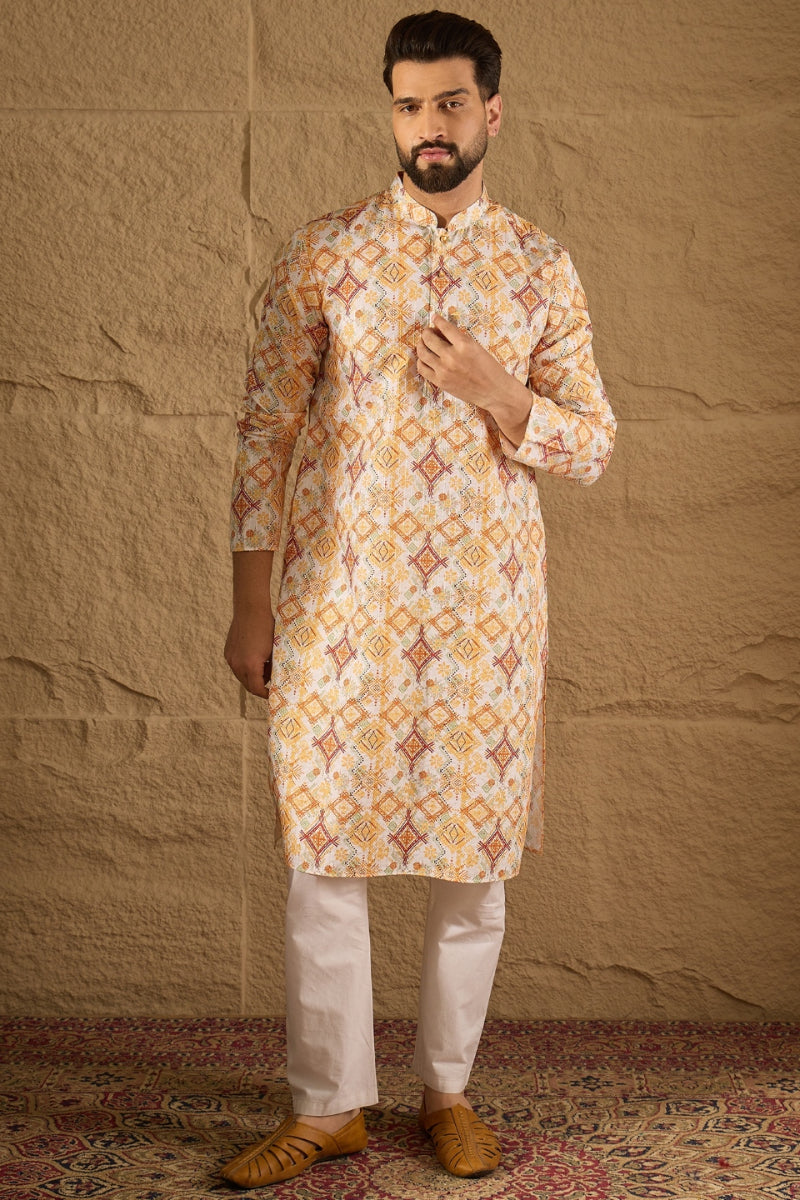 White Silk Blend Geometric Embroidered Straight Kurta HOPMKU1310 | Des