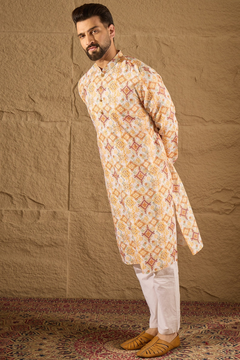 White Silk Blend Geometric Embroidered Straight Kurta HOPMKU1310 | Des