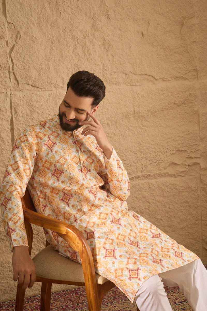 White Silk Blend Geometric Embroidered Straight Kurta HOPMKU1310 | Des