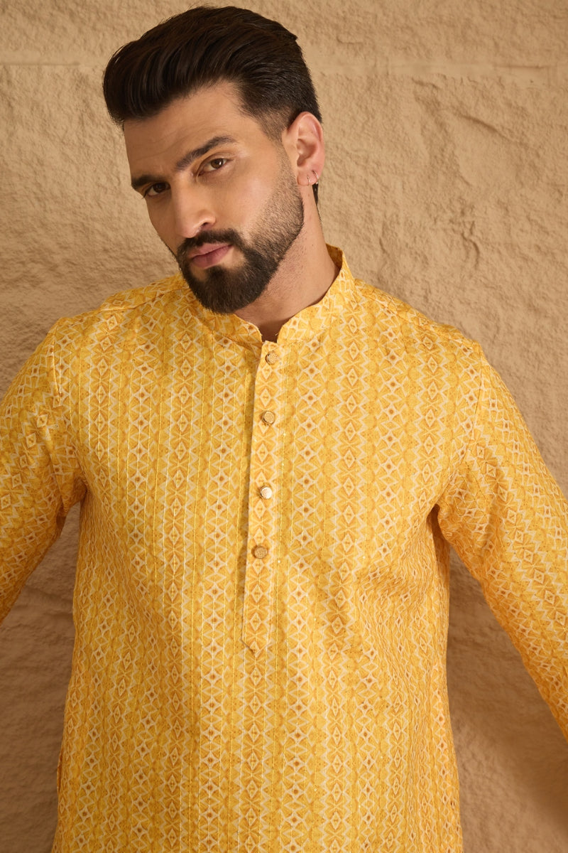 Yellow Silk Blend Geometric Embroidered Straight Kurta HOPMKU1313 | De