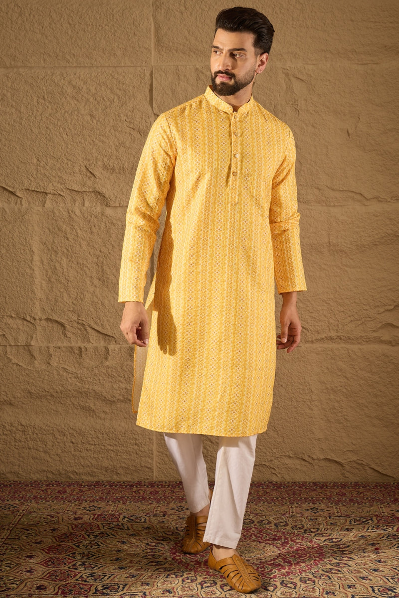 Yellow Silk Blend Geometric Embroidered Straight Kurta HOPMKU1313 | De