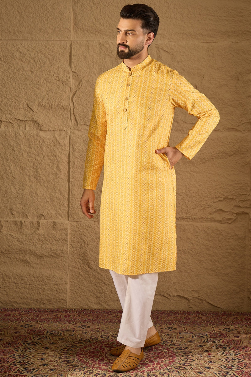 Yellow Silk Blend Geometric Embroidered Straight Kurta HOPMKU1313 | De