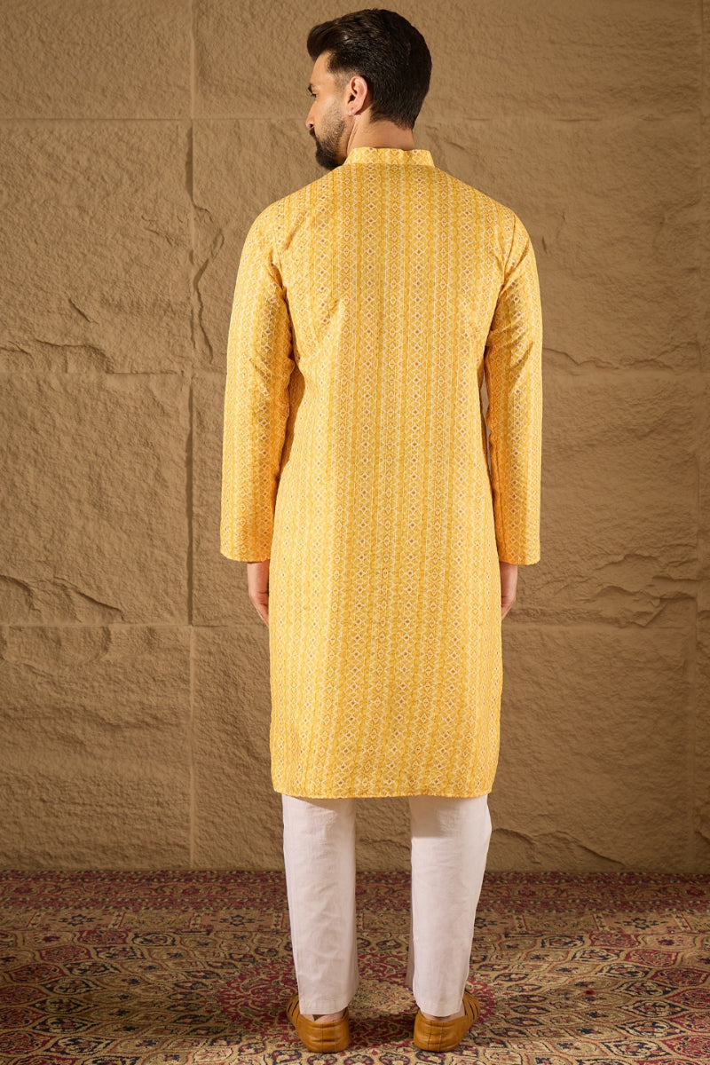 Yellow Silk Blend Geometric Embroidered Straight Kurta HOPMKU1313 | De