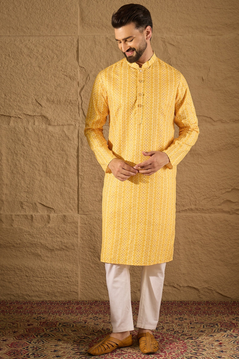 Yellow Silk Blend Geometric Embroidered Straight Kurta HOPMKU1313 | De