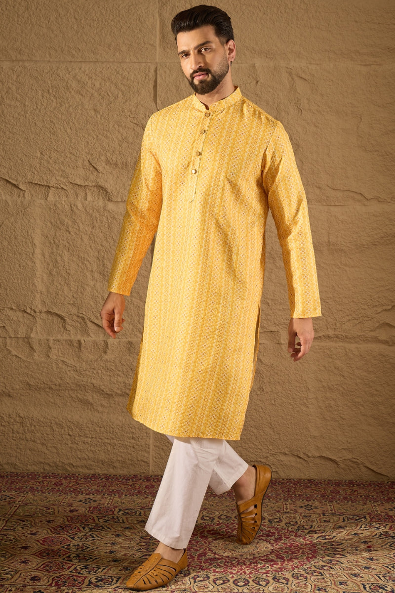 Yellow Silk Blend Geometric Embroidered Straight Kurta HOPMKU1313 | De