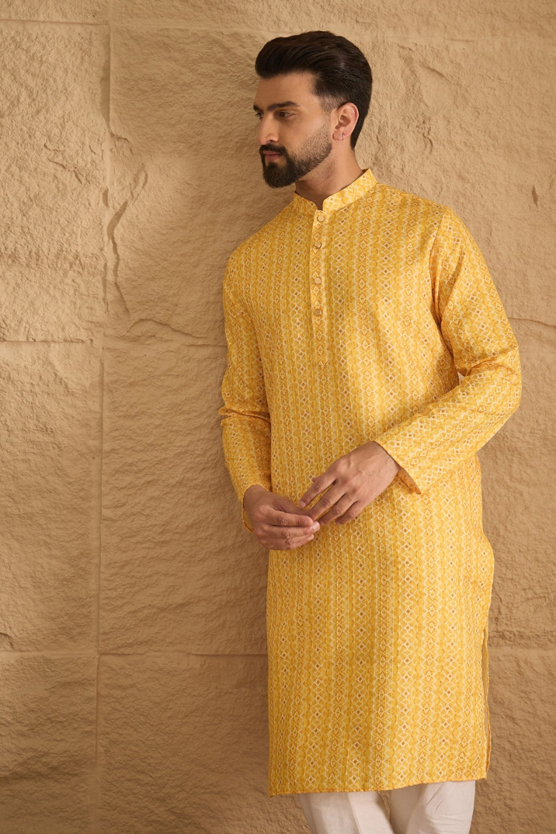 Yellow Silk Blend Geometric Embroidered Straight Kurta HOPMKU1313 | De