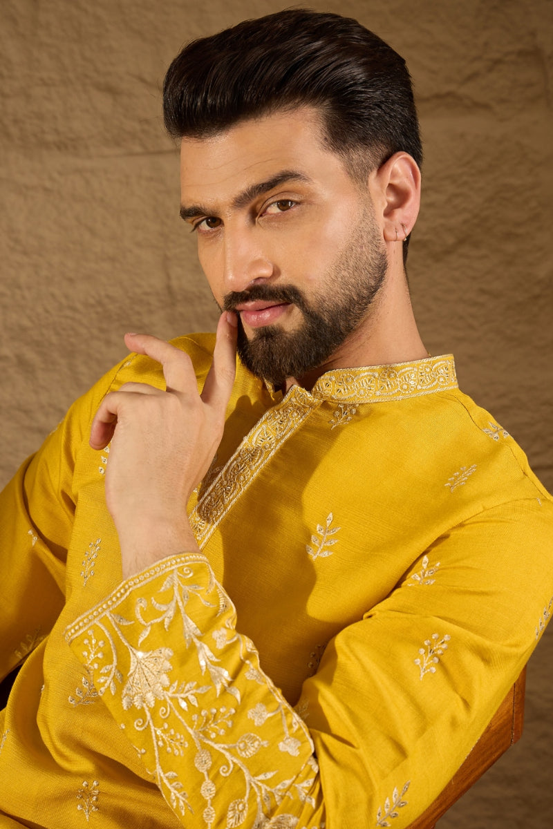 Yellow Chanderi Silk Embroidered Straight Kurta HOPMKU1314 | DesiQlo