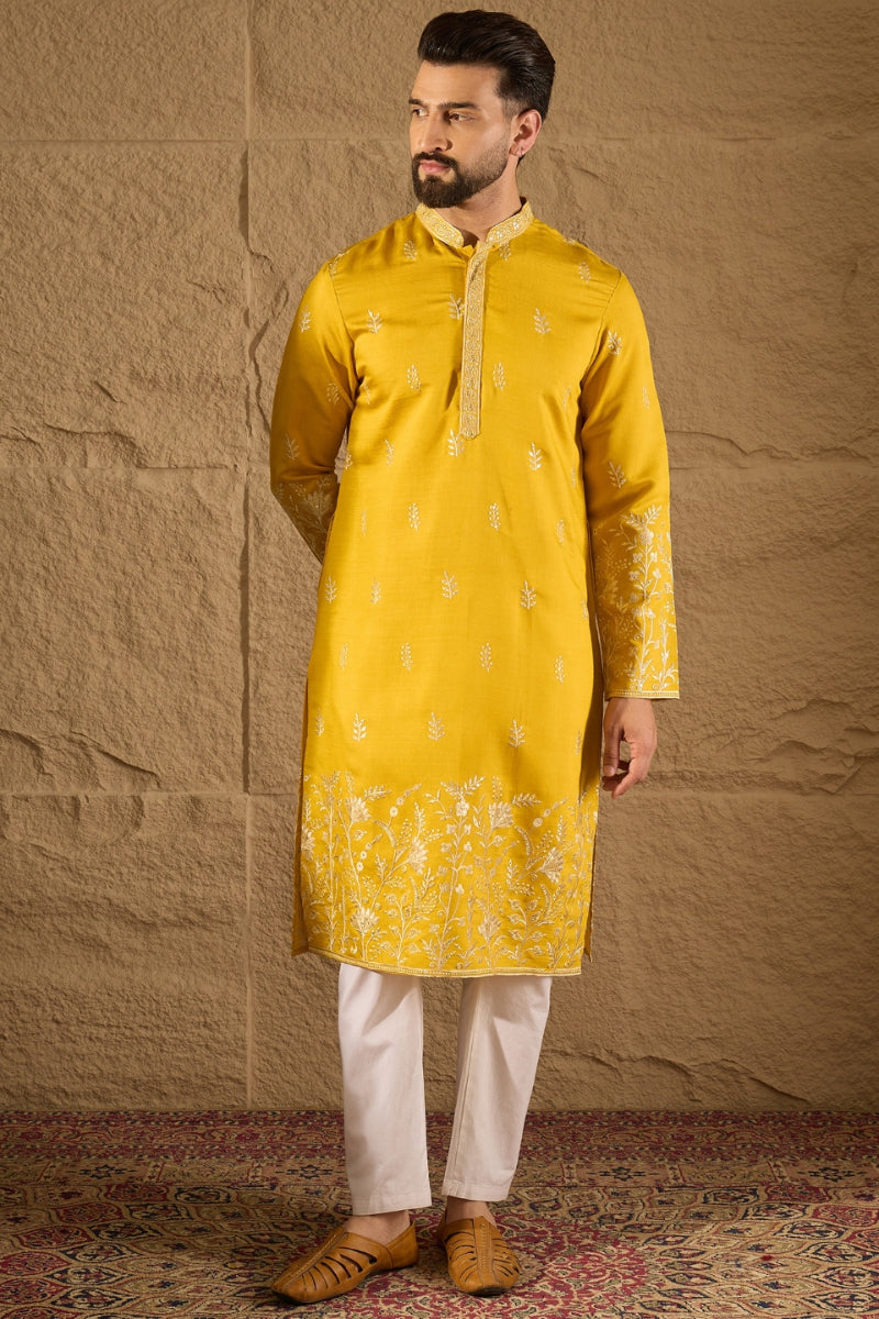 Yellow Chanderi Silk Embroidered Straight Kurta HOPMKU1314 | DesiQlo