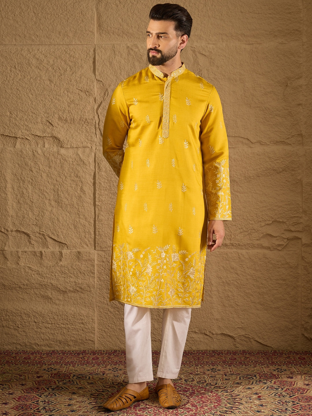 Ethnic Bay Men Yellow Verican Solid Embroidered Straight Kurta-MKU1314