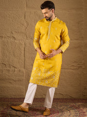 Ethnic Bay Men Yellow Verican Solid Embroidered Straight Kurta-MKU1314