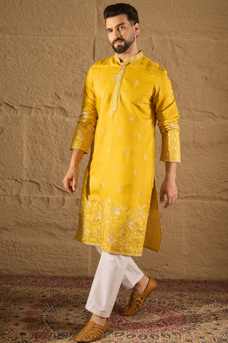 Yellow Chanderi Silk Embroidered Straight Kurta HOPMKU1314 | DesiQlo