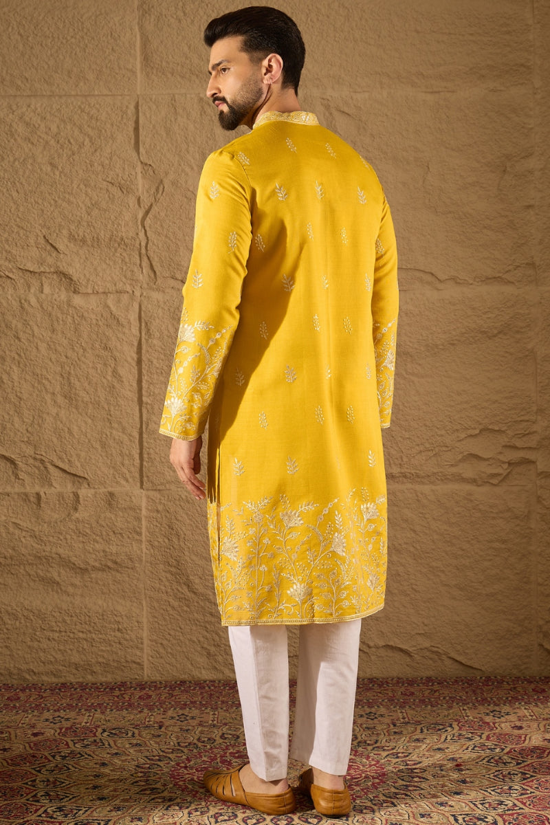 Yellow Chanderi Silk Embroidered Straight Kurta HOPMKU1314 | DesiQlo