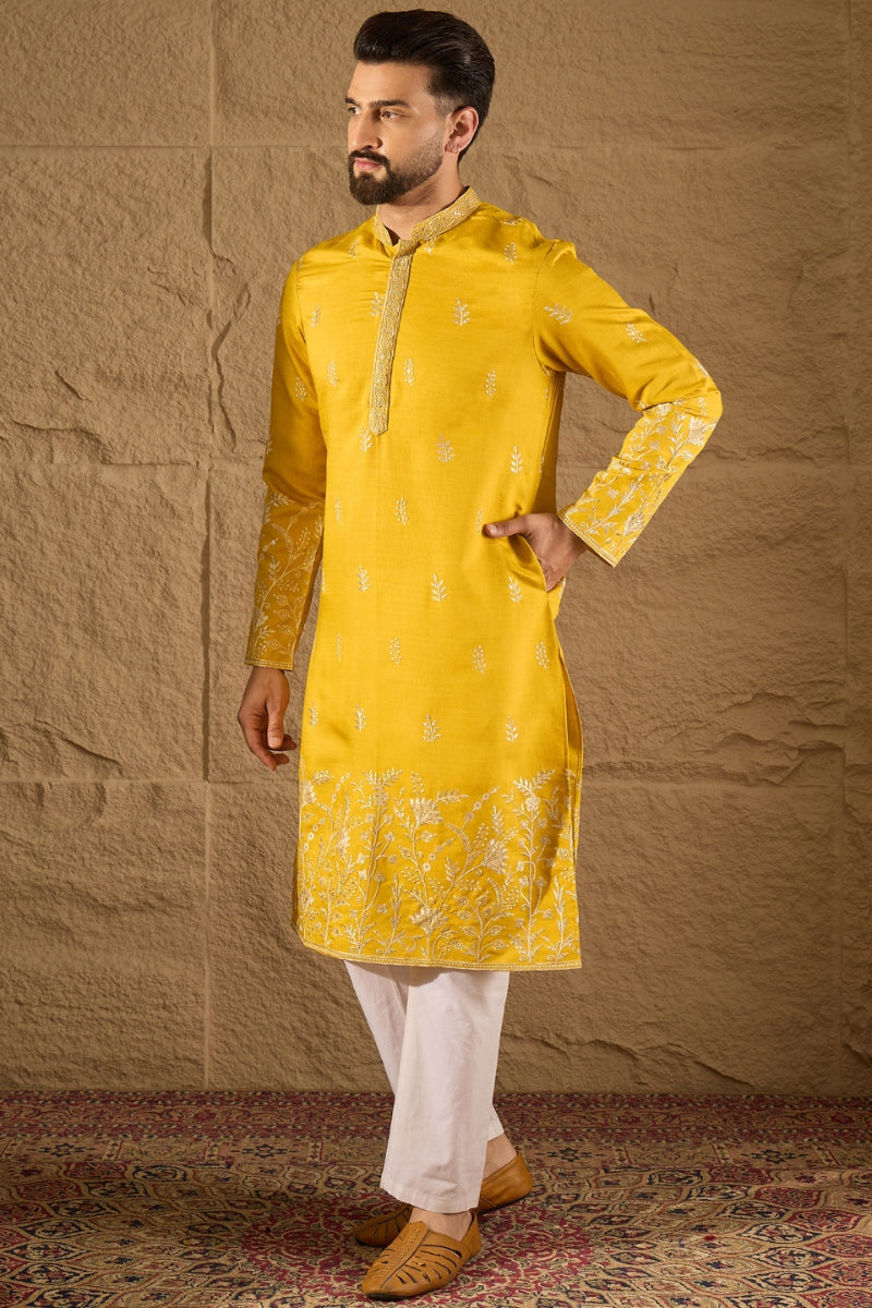 Yellow Chanderi Silk Embroidered Straight Kurta HOPMKU1314 | DesiQlo