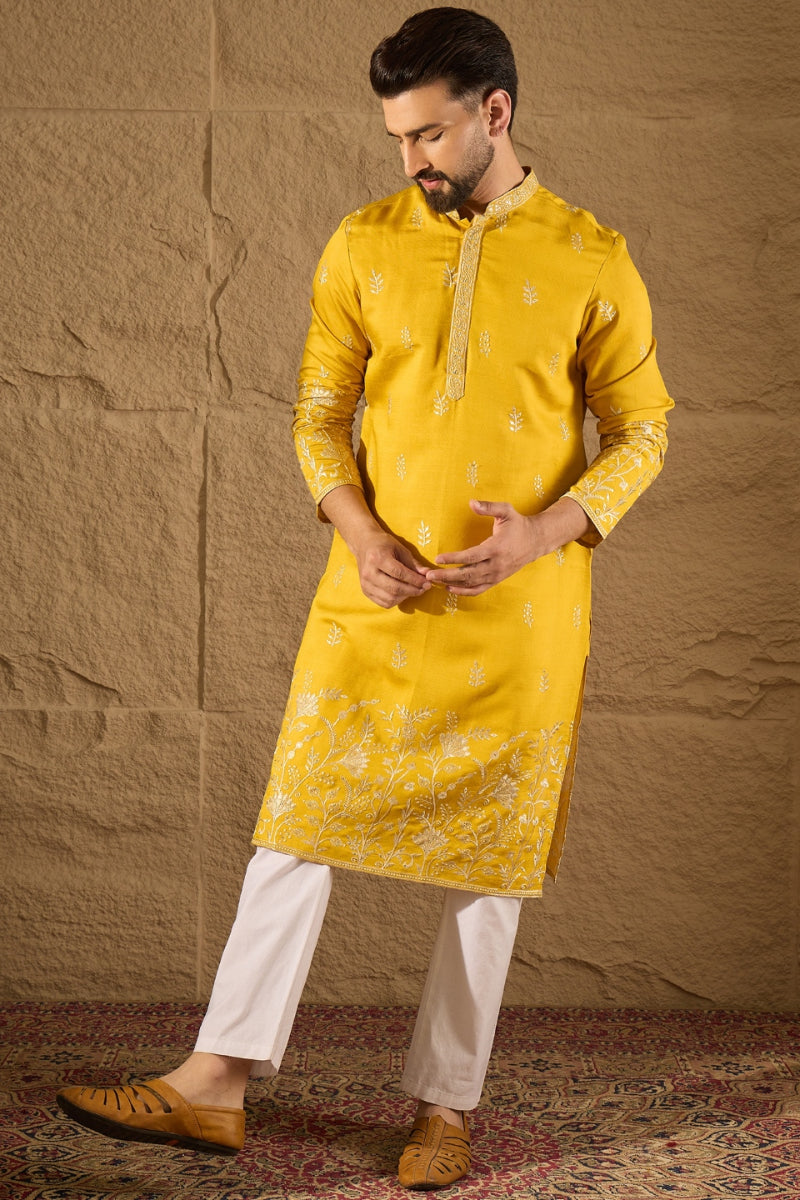 Yellow Chanderi Silk Embroidered Straight Kurta HOPMKU1314 | DesiQlo