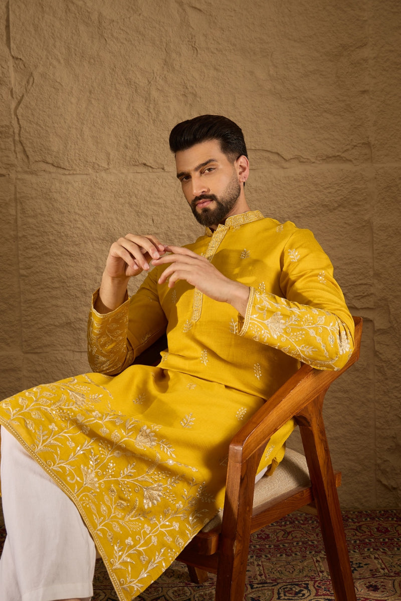 Yellow Chanderi Silk Embroidered Straight Kurta HOPMKU1314 | DesiQlo