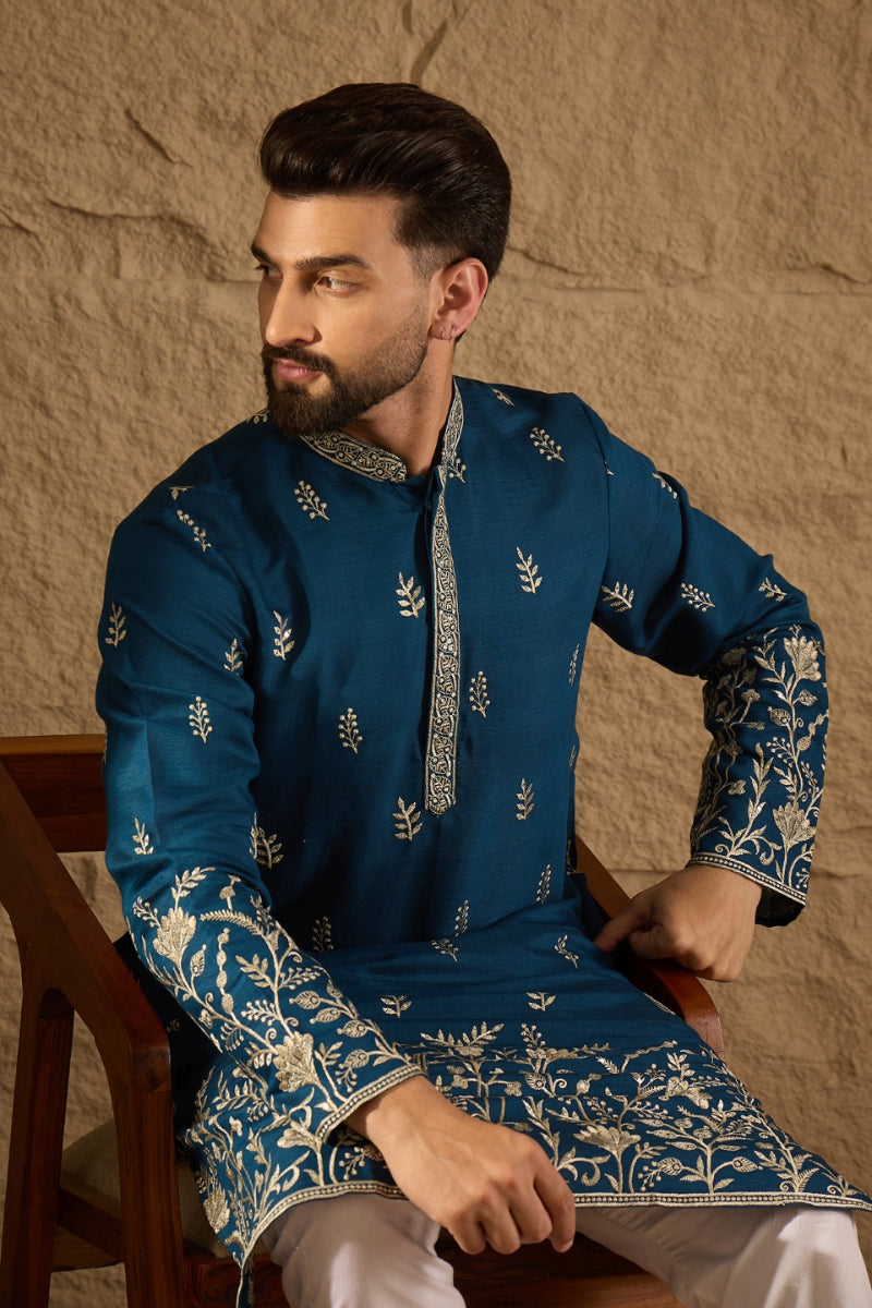 Blue Chanderi Silk Embroidered Straight Kurta HOPMKU1315 | DesiQlo