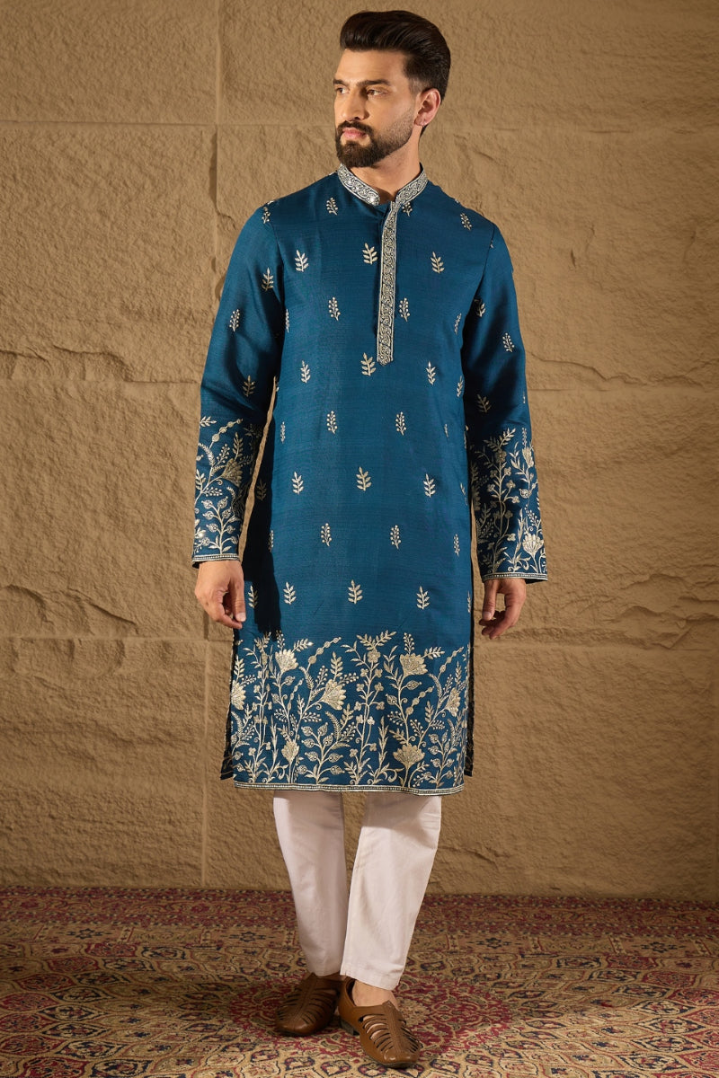 Blue Chanderi Silk Embroidered Straight Kurta HOPMKU1315 | DesiQlo