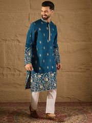 Ethnic Bay Men Blue Vertican Solid Embroidered Straight Kurta-MKU1315