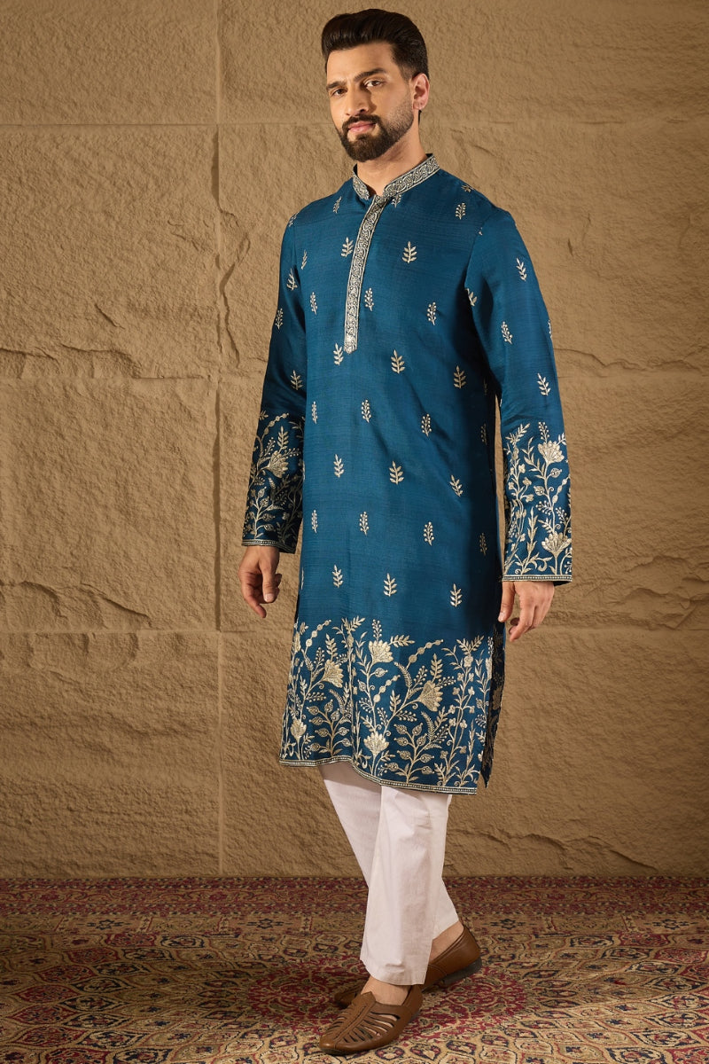 Blue Chanderi Silk Embroidered Straight Kurta HOPMKU1315 | DesiQlo