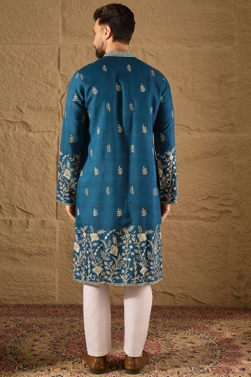 Blue Chanderi Silk Embroidered Straight Kurta HOPMKU1315 | DesiQlo