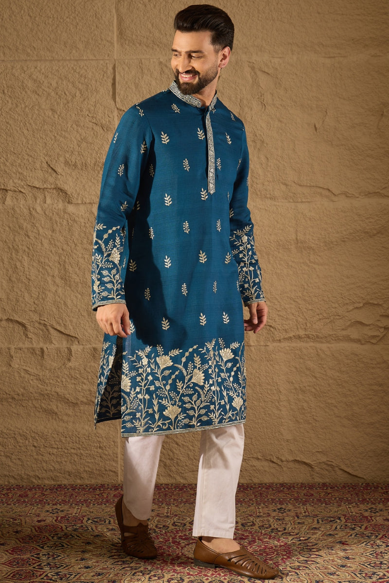 Blue Chanderi Silk Embroidered Straight Kurta HOPMKU1315 | DesiQlo