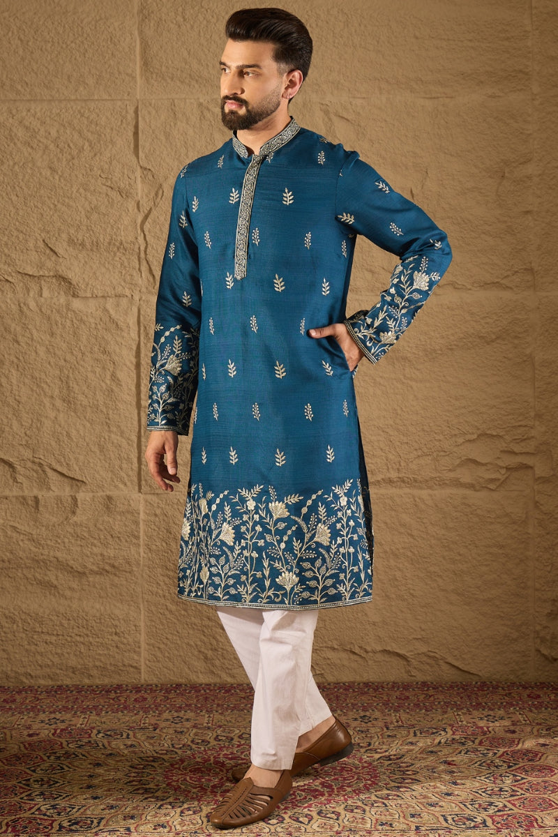 Blue Chanderi Silk Embroidered Straight Kurta HOPMKU1315 | DesiQlo
