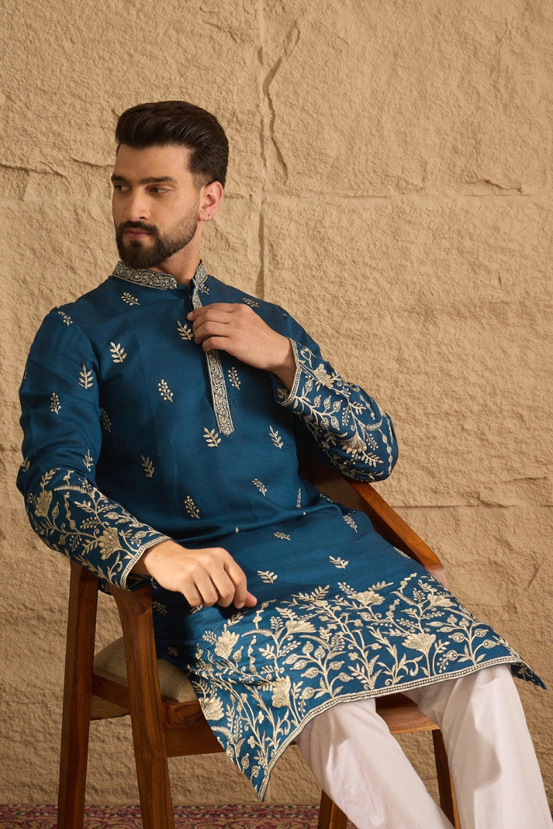 Blue Chanderi Silk Embroidered Straight Kurta HOPMKU1315 | DesiQlo