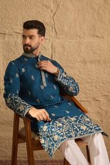 Blue Chanderi Silk Embroidered Straight Kurta HOPMKU1315