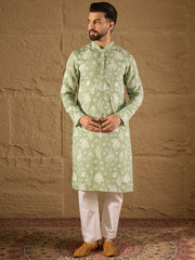 Ethnic Bay Men Green Chanderi Silk Embroidered Straight Kurta-MKU1316