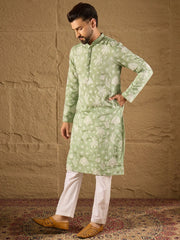 Ethnic Bay Men Green Chanderi Silk Embroidered Straight Kurta-MKU1316