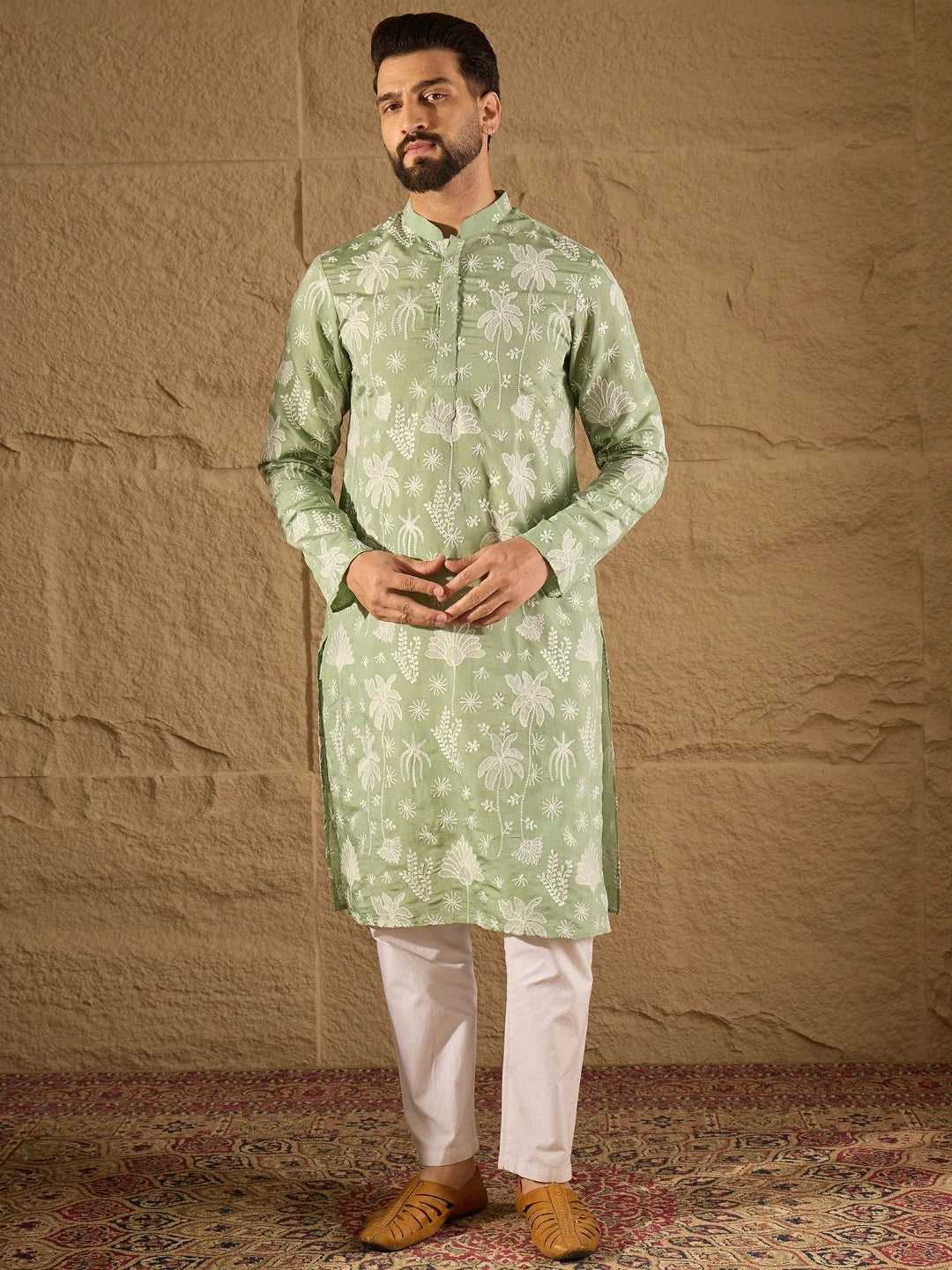 Ethnic Bay Men Green Chanderi Silk Embroidered Straight Kurta-MKU1316