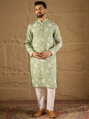 Ethnic Bay Men Green Chanderi Silk Embroidered Straight Kurta-MKU1316
