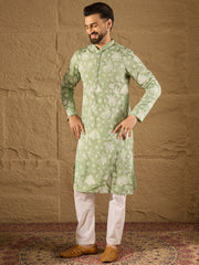 Ethnic Bay Men Green Chanderi Silk Embroidered Straight Kurta-MKU1316
